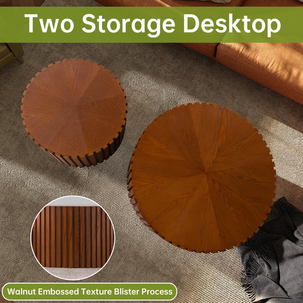 Round Nesting Coffee Table Modern Walnut Fluted Coffee Table Set of 2 Stripe Round Coffee Table Circle Drum Coffee Tables for Living Room (Walnut Large)
