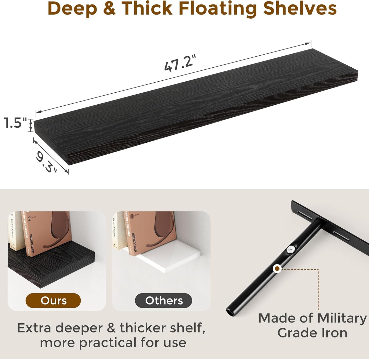 Fun Memories Floating Shelves 48 Inch Set of 2, Black 48 x 9 Wall Shelves for Home Decor Storage, Rustic Wood Floating Shelf for Wall, 9 Inch Deep Shelving for Bathroom, Living Room, Kitchen