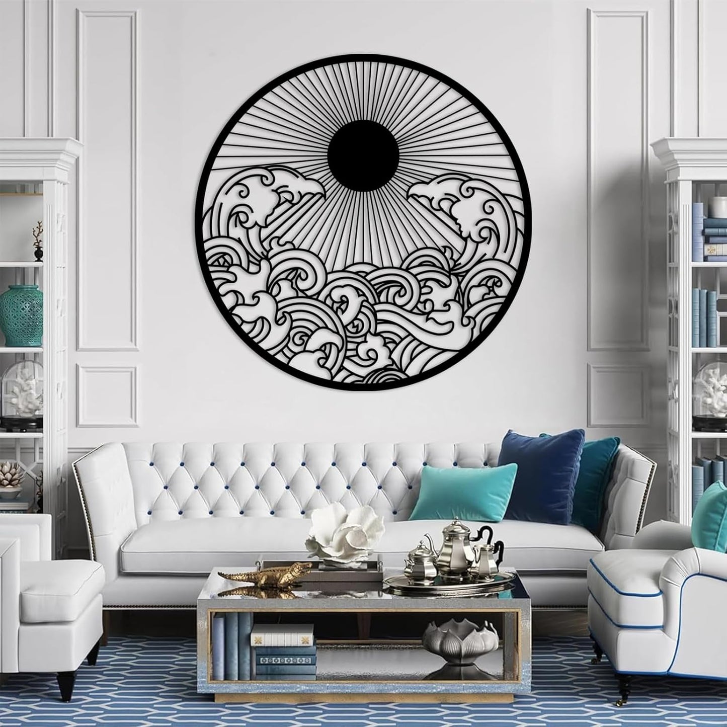 flyoak Metal Sun Wall Decor Outdoor, Sunrise Metal Wall Art, Metal Wave Wall Art, Sunrise and Wave Wall Decor, Sunburst Wall Art, Sunset Wall Art, Wall Hangings for Bedroom (Black, 39x39in|100x100cm)