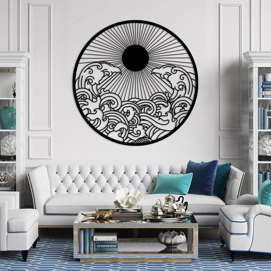 flyoak Metal Sun Wall Decor Outdoor, Sunrise Metal Wall Art, Metal Wave Wall Art, Sunrise and Wave Wall Decor, Sunburst Wall Art, Sunset Wall Art, Wall Hangings for Bedroom (Black, 19x19in|47x47cm)