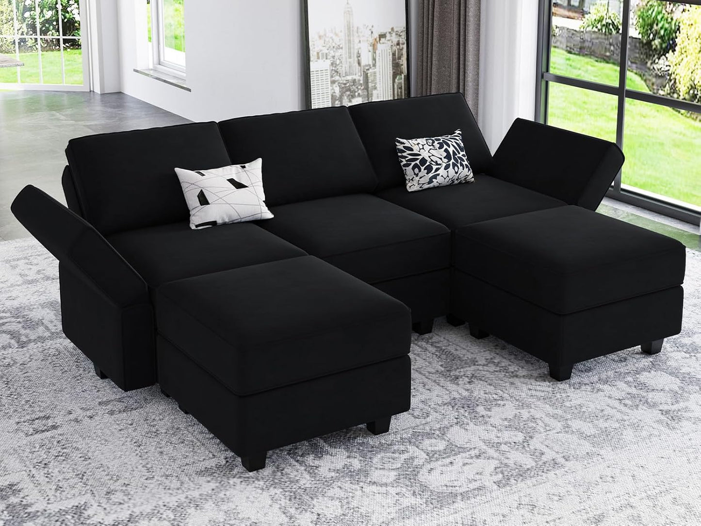Belffin Modular Sectional Sofa with Double Chaise Velvet U Shaped Sofa Reversible Sectional Couch with Storage Black