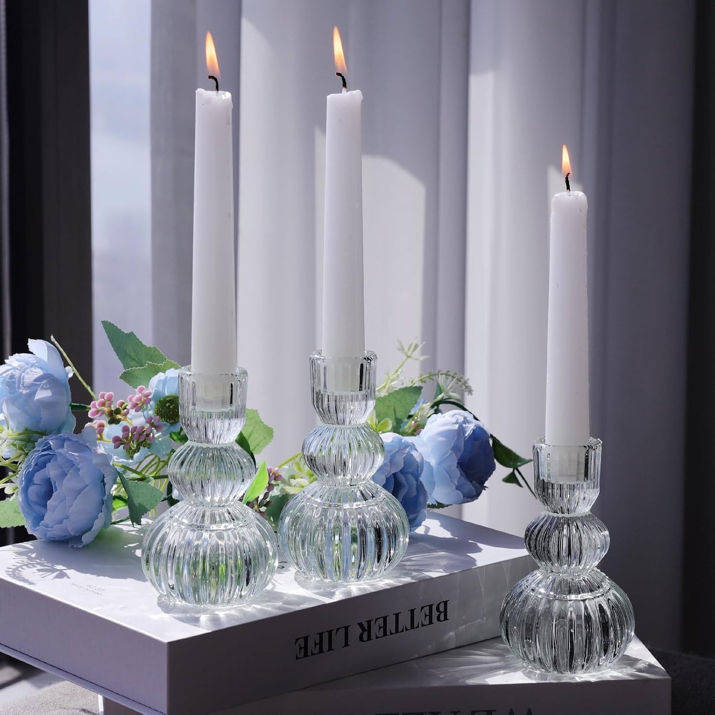 Woho Clear Taper Candle Holders 4.3" H Set of 3 for Wedding Table, Ribbed Glass Candlestick Holders for Daily Home Decor, Vintage Candle Sticks Holder Decor for Thanksgiving Christmas