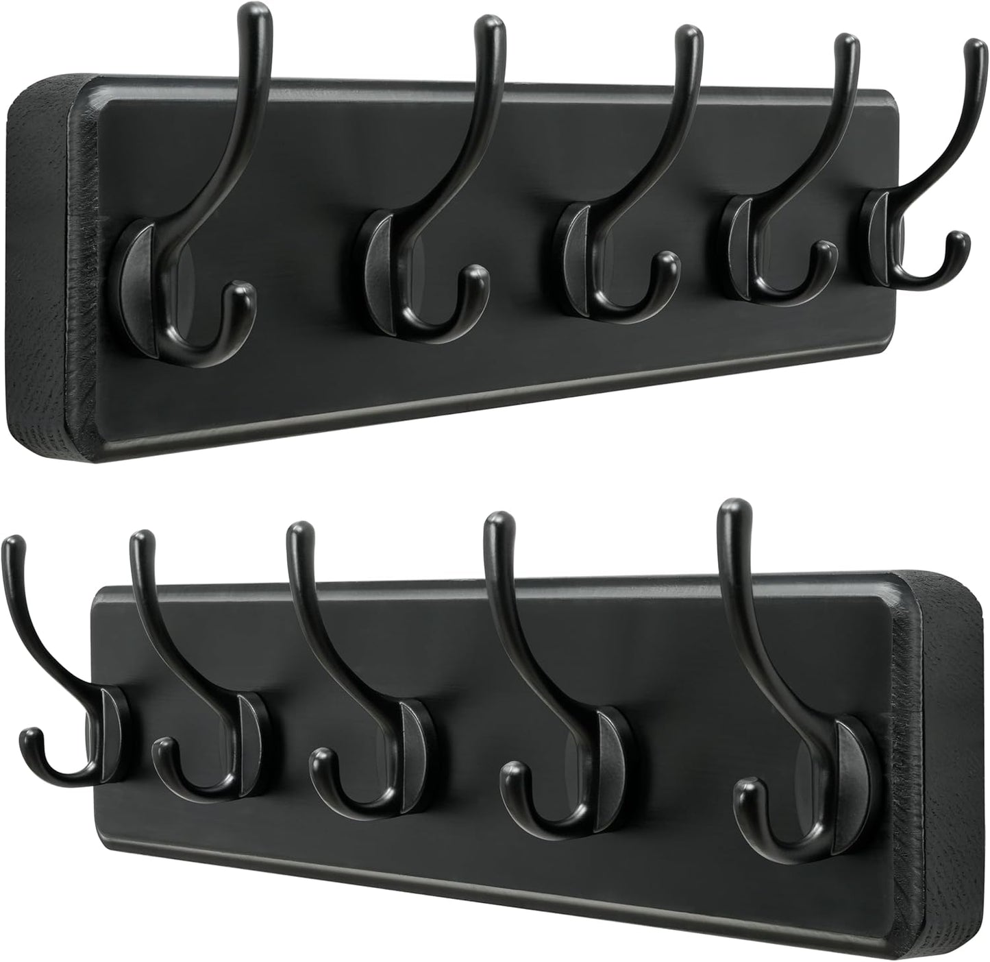 Dseap Wall Mounted Coat Rack: Patented, Heavy-Duty, 17.4" Long 5-Double-Hooks Wooden Hanger Rail for Winter Coats, Hats, Jackets, Clothing - Black, Pack of 2