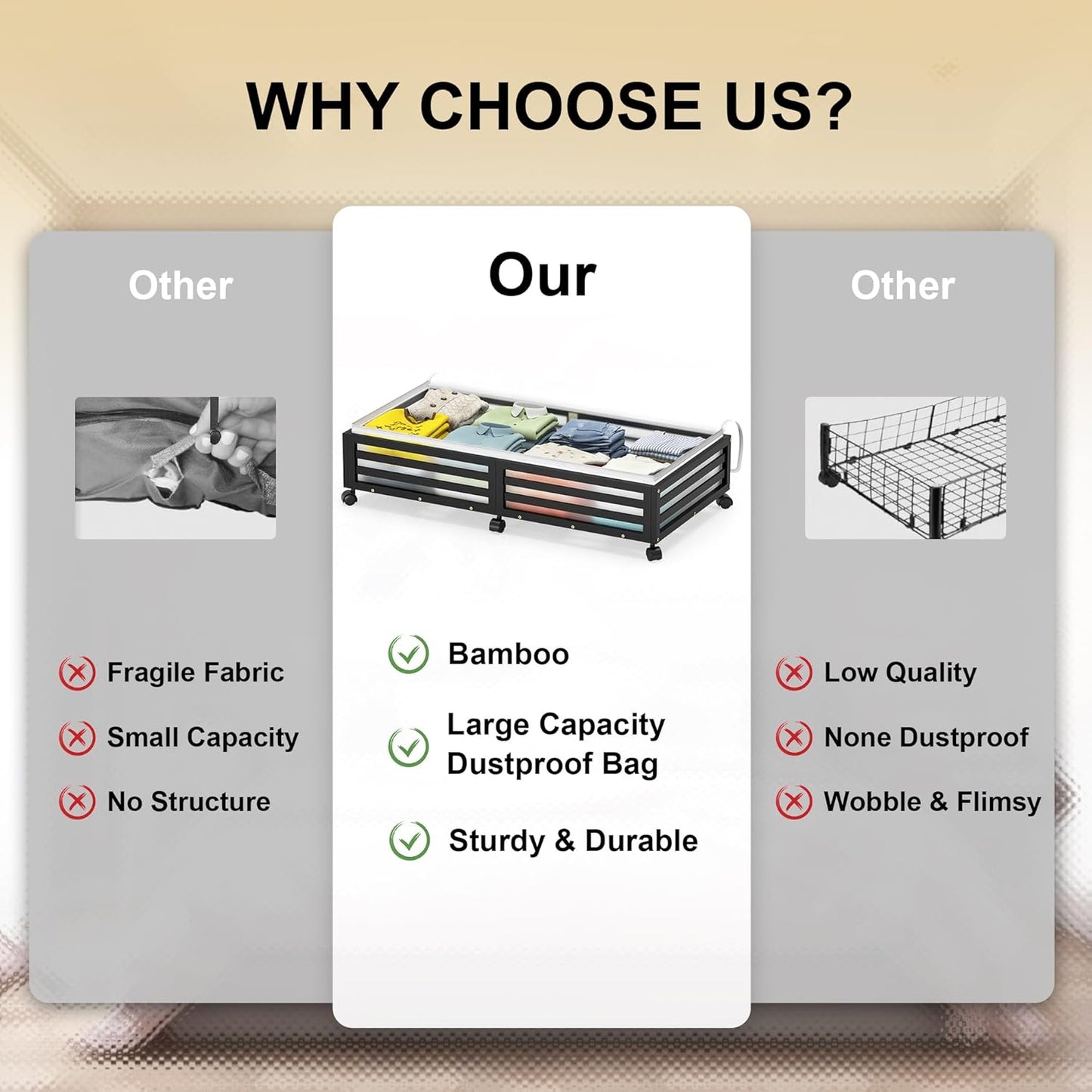 Under Bed Storage Containers With Wheels - 2 Pcs Large Bamboo Wood Rolling Underbed Shoe Storage Bins With Dust Bags for Clothes Blankets, Duvet Covers Snacks Toys (Black)