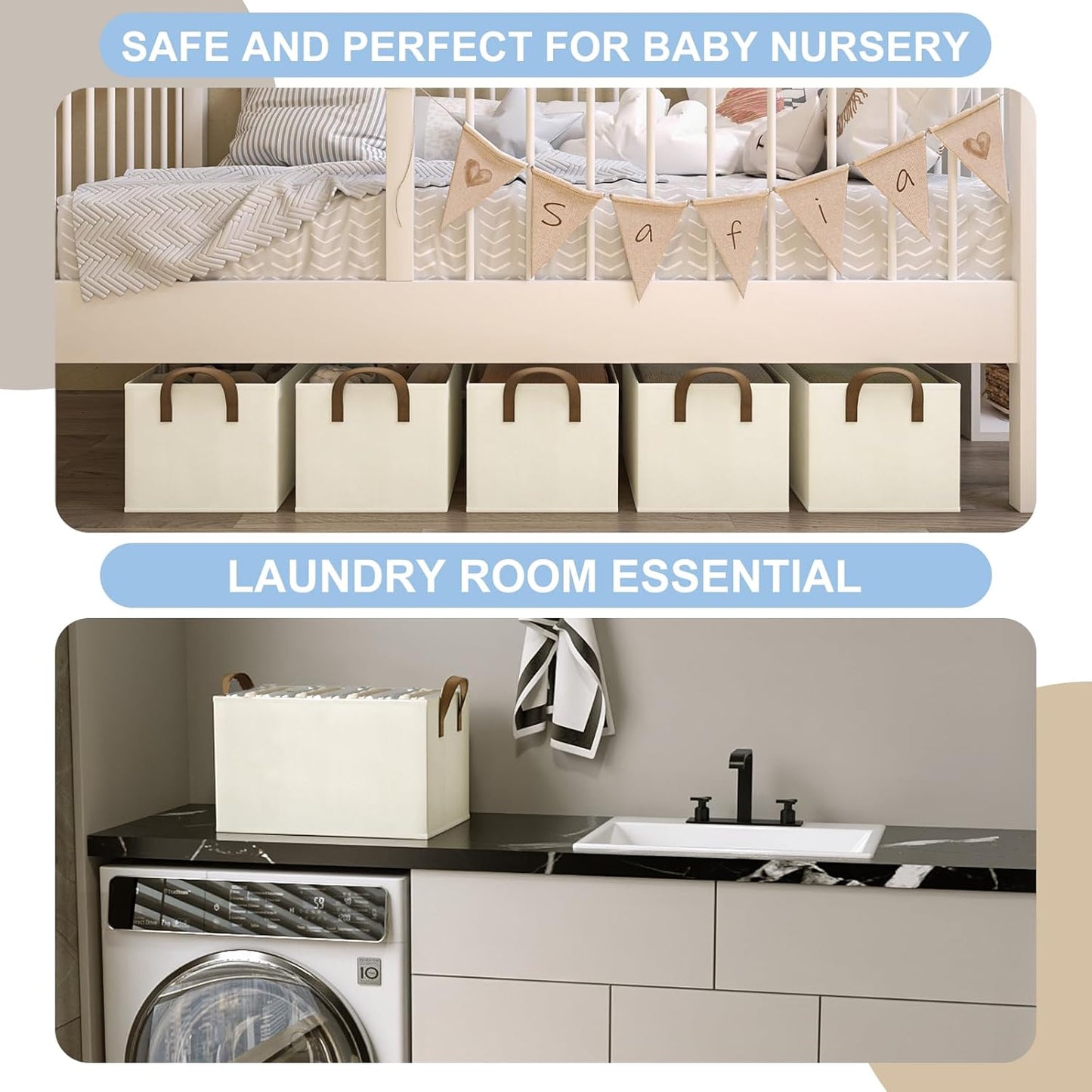 Closet Storage Bins, Fabric Closet Organizers and Storage Basket for Shelves, Collapsible Shelf Baskets for Organizing Shelves, Bedroom Clothes Basket, Beige, 3 Pack