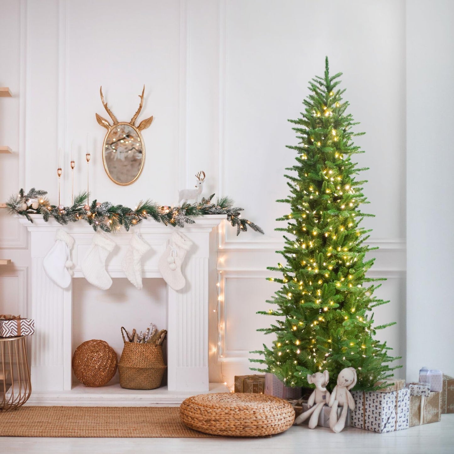 Fraser Hill Farm 7.5-Ft. Carmel Pine Slim Artificial Christmas Tree with Warm White LED Lights and Stand, Prelit Foldable Fake Tree with Realistic Foliage for Home Decoration