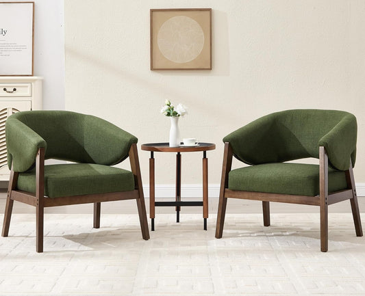 Mid-Century Modern Accent Chairs Set of 2, Comfy Barrel Armchairs with Wide Seat, Upholstered Lounge Chairs with Walnut Wood Legs for Living Room/Bedroom/Reading Corner, Linen Fabric, Deep Green