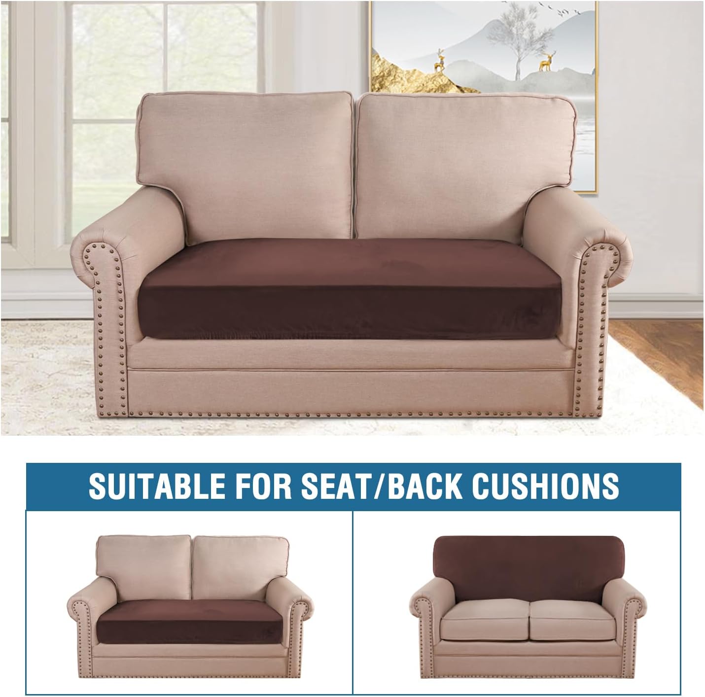 H.VERSAILTEX Velvet Stretch Individual Couch Cushion Cover Plush Slipcover for Loveseat Sofa Furniture Protector Seat Cover (1 Piece Loveseat Cushion Cover, Brown)