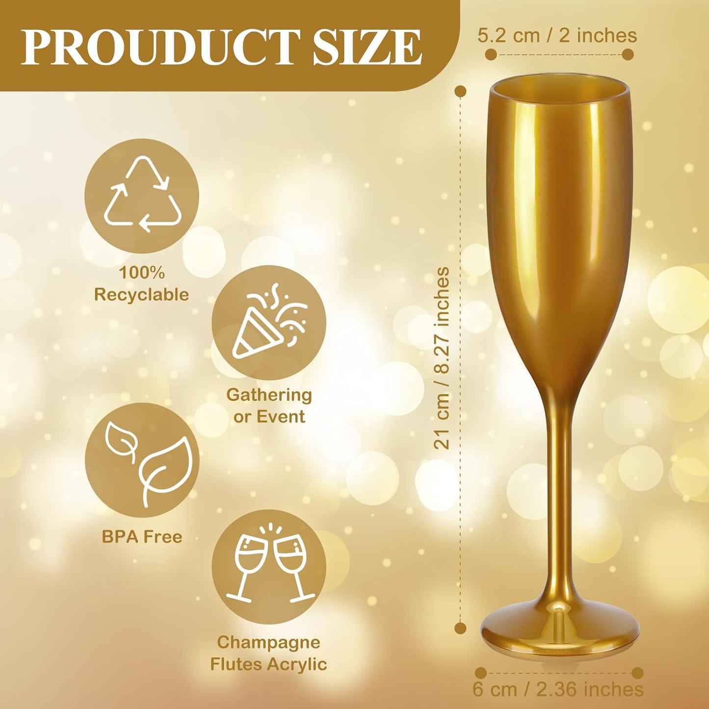 XUWAIDSGN Acrylic Champagne Flutes Toasting Glasses Unbreakable Mimosa Bar Reusable Wine Glasses Vintage Champagne Flutes Stemmed Drinking Cups 5.4 OZ for Christmas Birthday (100, Gold)