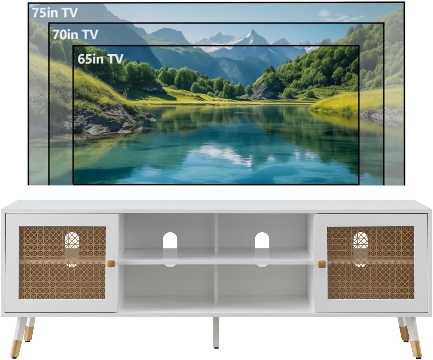 JYED Mid Century Modern TV Stand and Console for TVs Up to 75" - White Entertainment Center, 2 Gold Metal Mesh Doors & MDF Wood Grain, 15.8" D x 66" W x 23.5" H