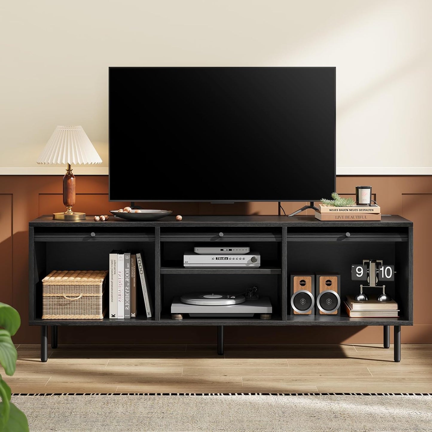 59 Inch TV Stand with Power Outlet for TVs up to 65 Inch, Entertainment Center with Storage, Mid-Century Modern TV Console, Adjustable Shelf & Sliding Doors, TV Stand for Living Room, Bedroom, Black