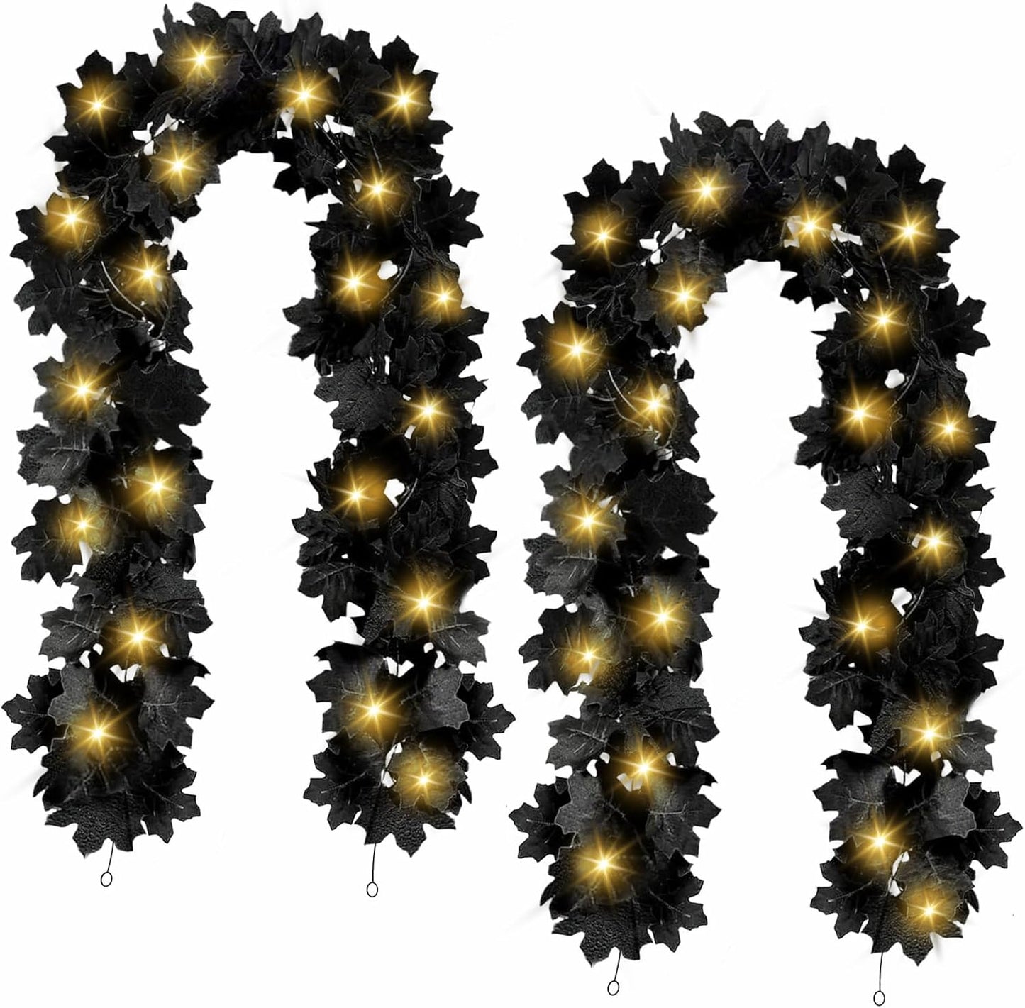 Joyhalo 2 Pack Halloween Garland with Lights, Black Maple Leaves Lighted Garland for Mantle, 5.7FT Light Up Leaf Autumn Vines Outdoor for Door Frame, Fireplace and Thanksgiving Fall Decor