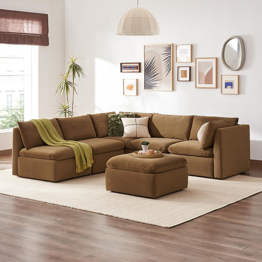 mopio Oversized Modular Sectional Sofa with Fully Removable Covers and Storage, Convertible U & L Shaped Sectionals, Modern Cloud Couch with Ottoman Chaise (Hazelnut Velvet, 6 Seats, L)