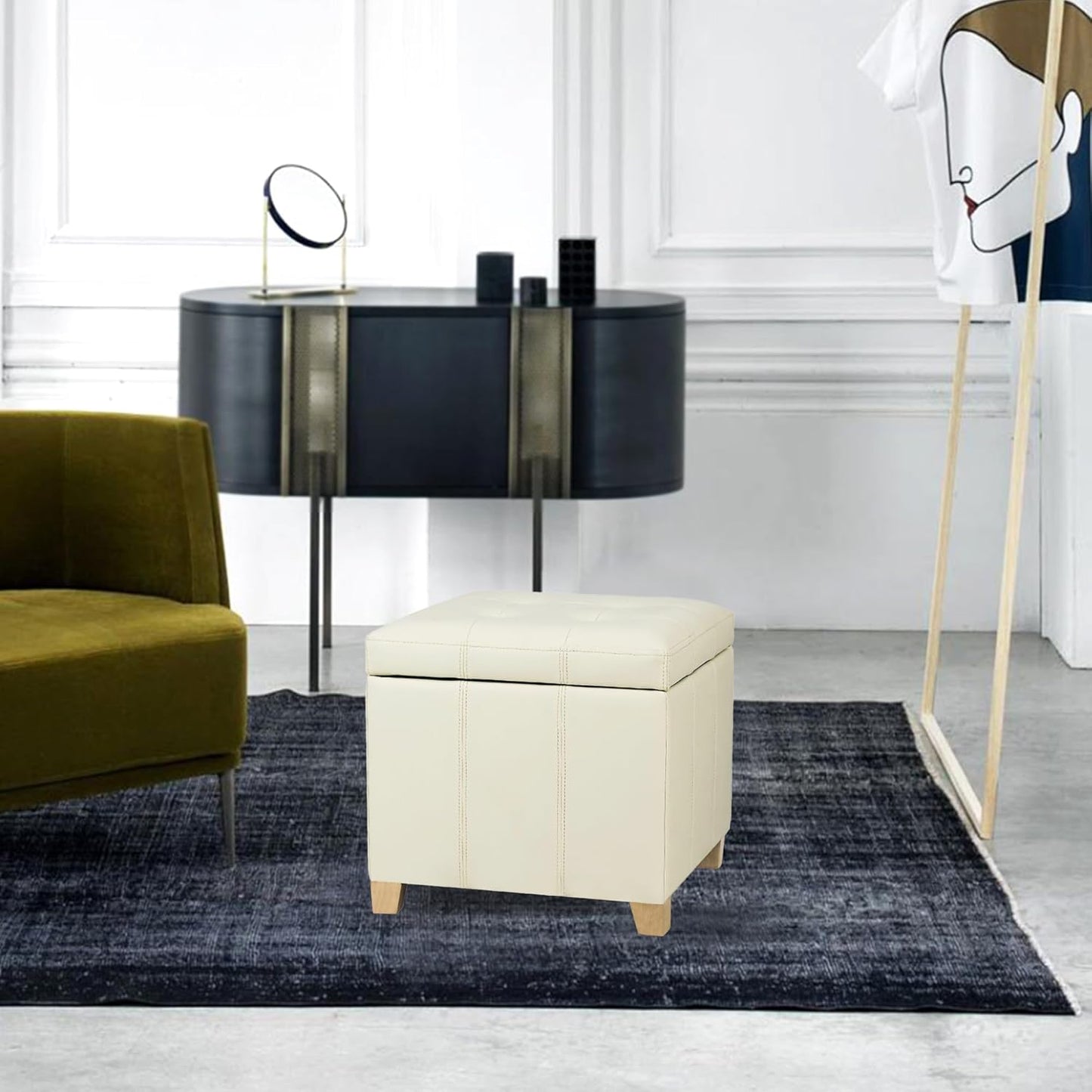 Adeco Faux Leather Storage Ottoman with Hinged Lid, 17.5 Inch High Cream White Square Cube Foot Stool with Storage, Upholstered Vanity Stool with Solid Wood Legs for Living Room, Bedroom, Dorm