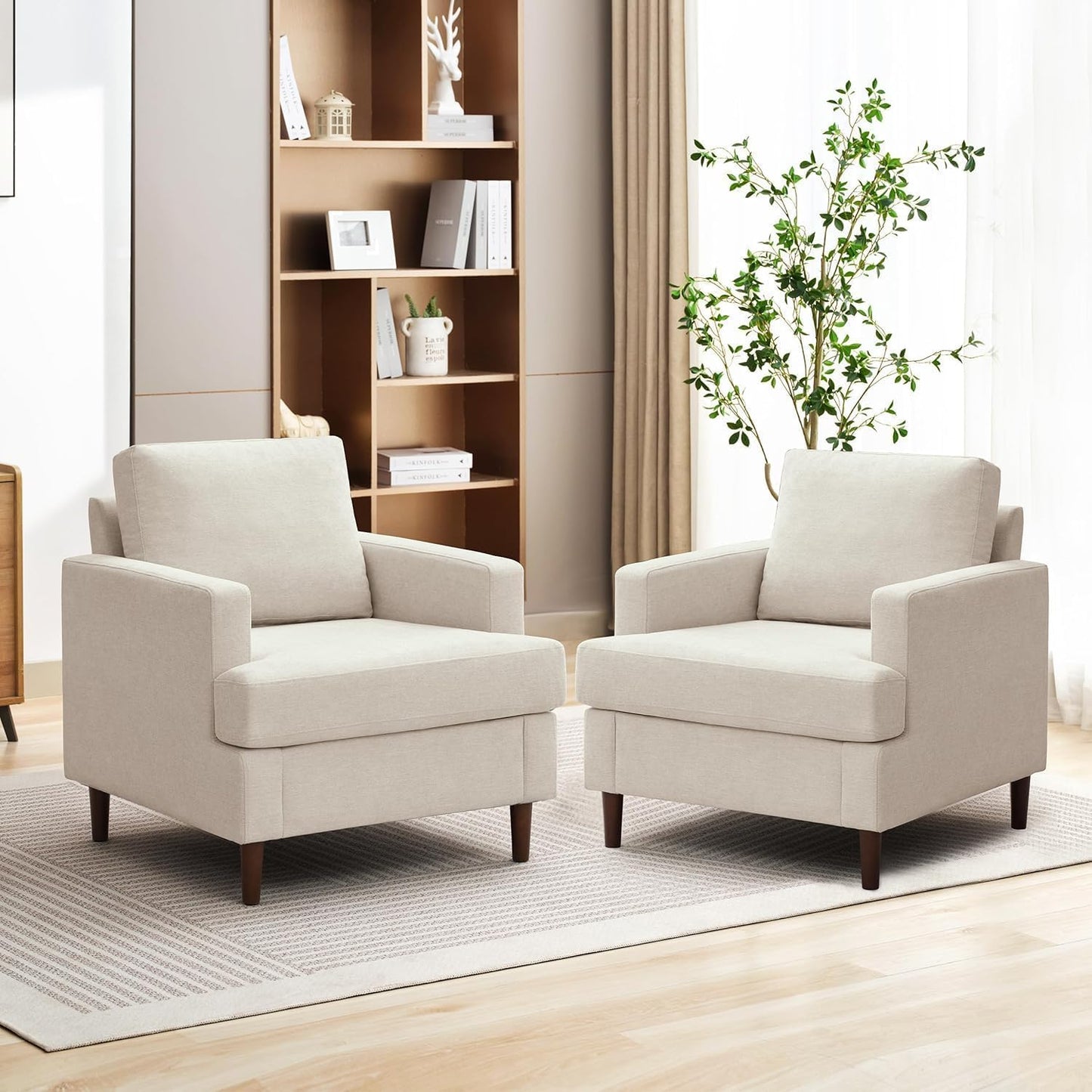 Mid-Century Accent Chair,Modern Linen Fabric Armchair for Living Room,Comfy Upholstered Reading Accent Chairs for Bedroom,Single Sofa Chair with Wood Legs (Beige, 2 Pack)