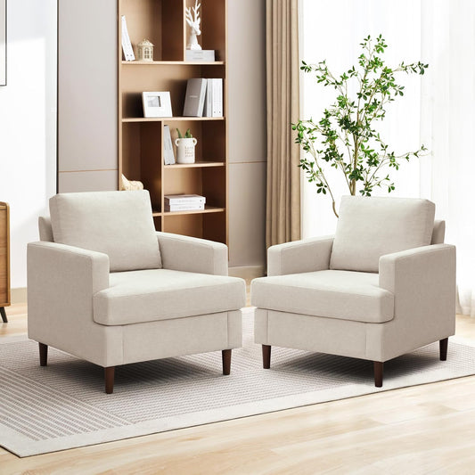 Mid-Century Accent Chair,Modern Linen Fabric Armchair for Living Room,Comfy Upholstered Reading Accent Chairs for Bedroom,Single Sofa Chair with Wood Legs (Beige, 2 Pack)