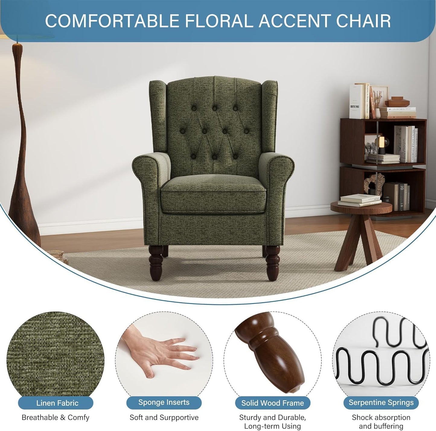 UIXE High Back Accent Chairs Set of 2, Upholstered Armchair in Fabric for Living Room, Retro Wingback Arm Chair Comfy Single Sofa Bedroom Reading Seat with Solid Wood Legs - Green