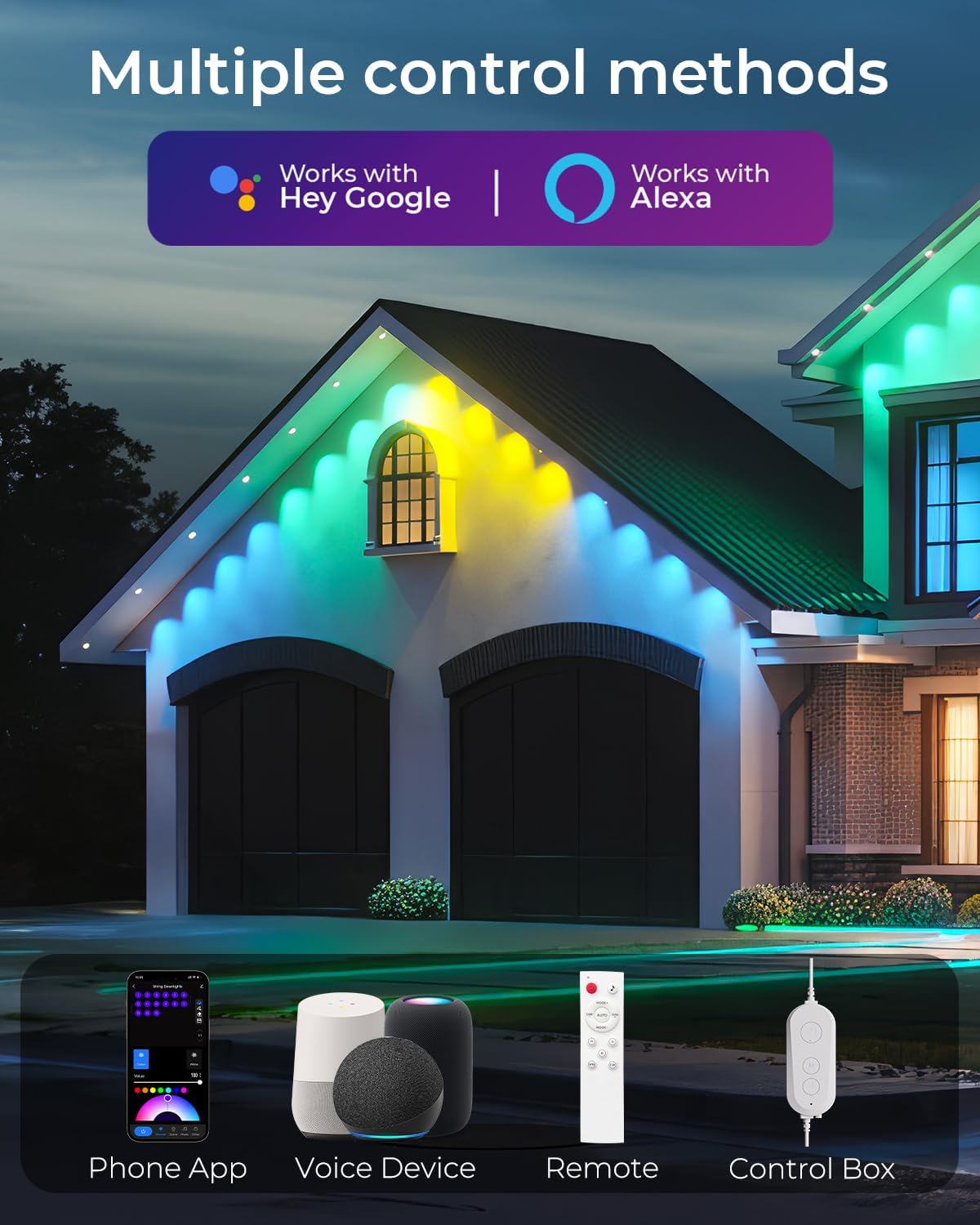 CINOTON Permanent Outdoor Lights 200ft, Smart RGBW Eaves Lights with 144 LEDs, IP67 Waterproof, 111 Scene Mode for Daily and Festival, Halloween Christmas Party Holiday Decor, APP/Voice/Remote Control