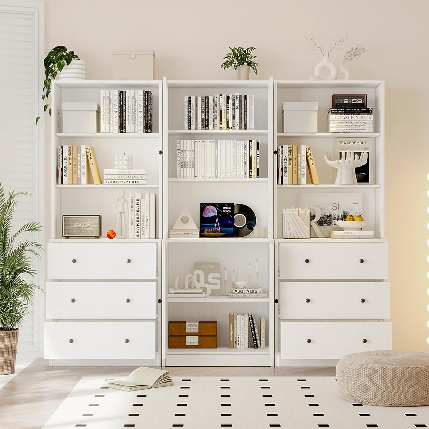 TUSY 71" Bookshelf Bookcase, 3-Tier Modern Bookshelves 3 Large Drawer, Wood Filing Cabinet with Open Storage Shelf, Glass Doors 5-Tier Fixed Storage Shelves for Home Office