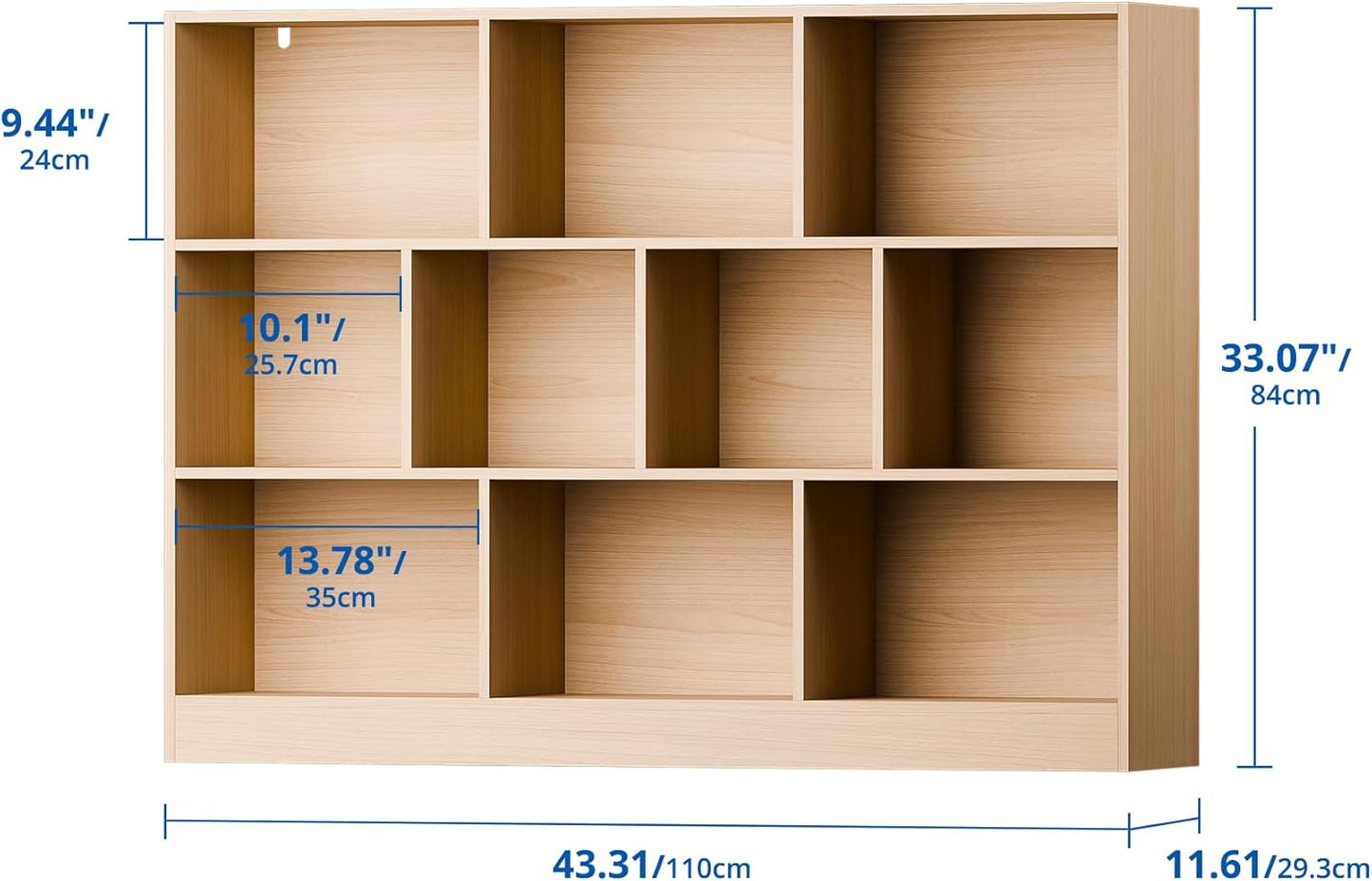 Cozy Castle Oak Bookshelf, 3-Tier Open Shelf Bookcase, 10 Cube Storage Organizer with Anti-Tilt Device, Freestanding Horizontal Bookshelf Cube Shelf for Bedroom, Living Room