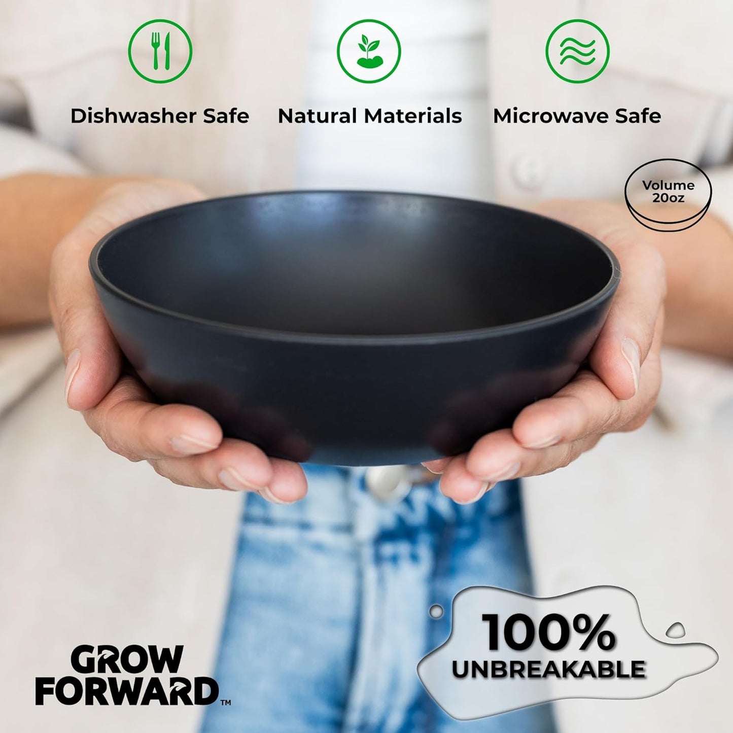Grow Forward Premium Wheat Straw Bowls - 20oz Microwave Safe Plastic Cereal Bowls Set of 8 for Kitchen, Camping, RV, Dessert, Snack, Soup, Salad, Fruit - Reusable, Unbreakable & BPA Free - Midnight