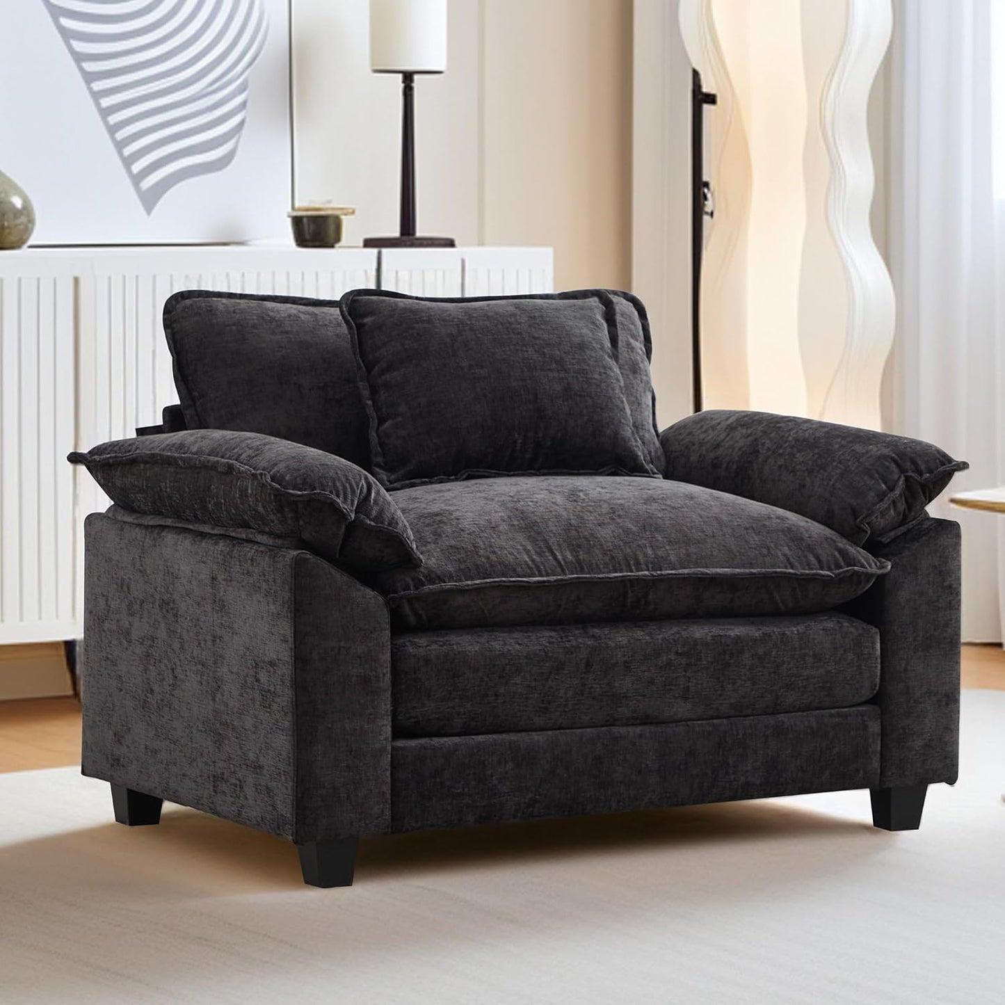 URRED Modular Sectional Sofa Comfy Cloud Couch, Modern Chenille Sofa Sleeper Deep Seat Couches with Ottoman/Pillows for Living Room (Black, 53'')