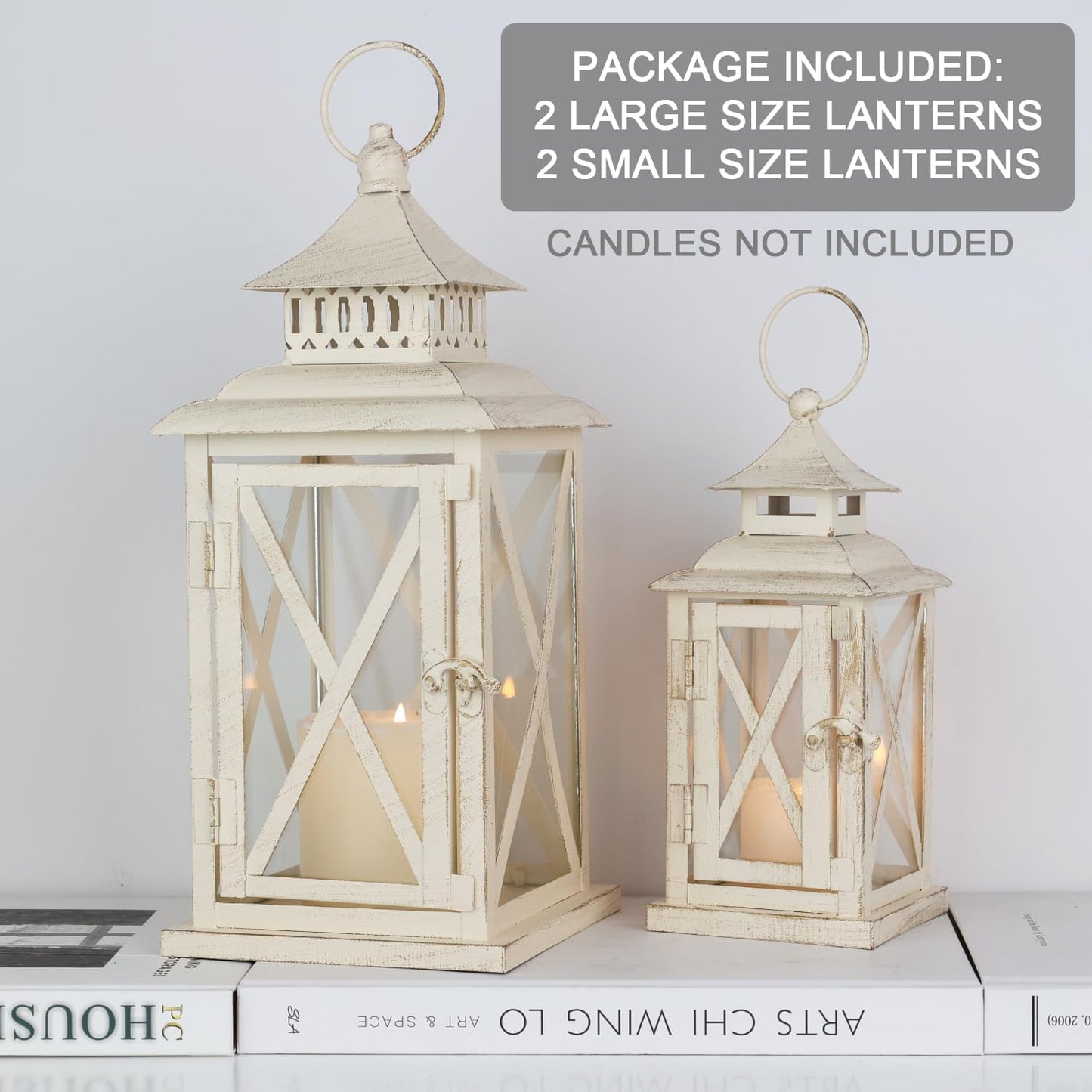 NEEDOMO Lanterns Decorative Outdoor&Indoor, Set of 4 (14"&10") Beige Metal Lantern Decor with Glass, Candle Holder for Porch, Patio, Garden, Balcony, Wedding, Table Centerpiece
