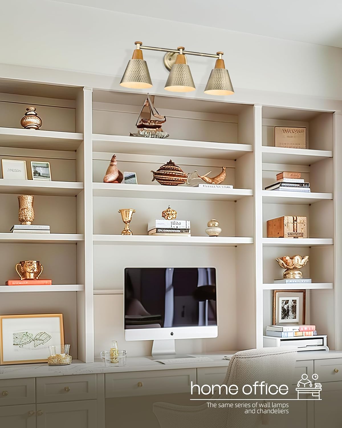 FEMILA Antique Brass Bathroom Vanity Light, 3-Lights Industrial Modern Wall Sconce Bathroom Lighting, Hammered Metal Shade Finish, 4FG59B-3W BG