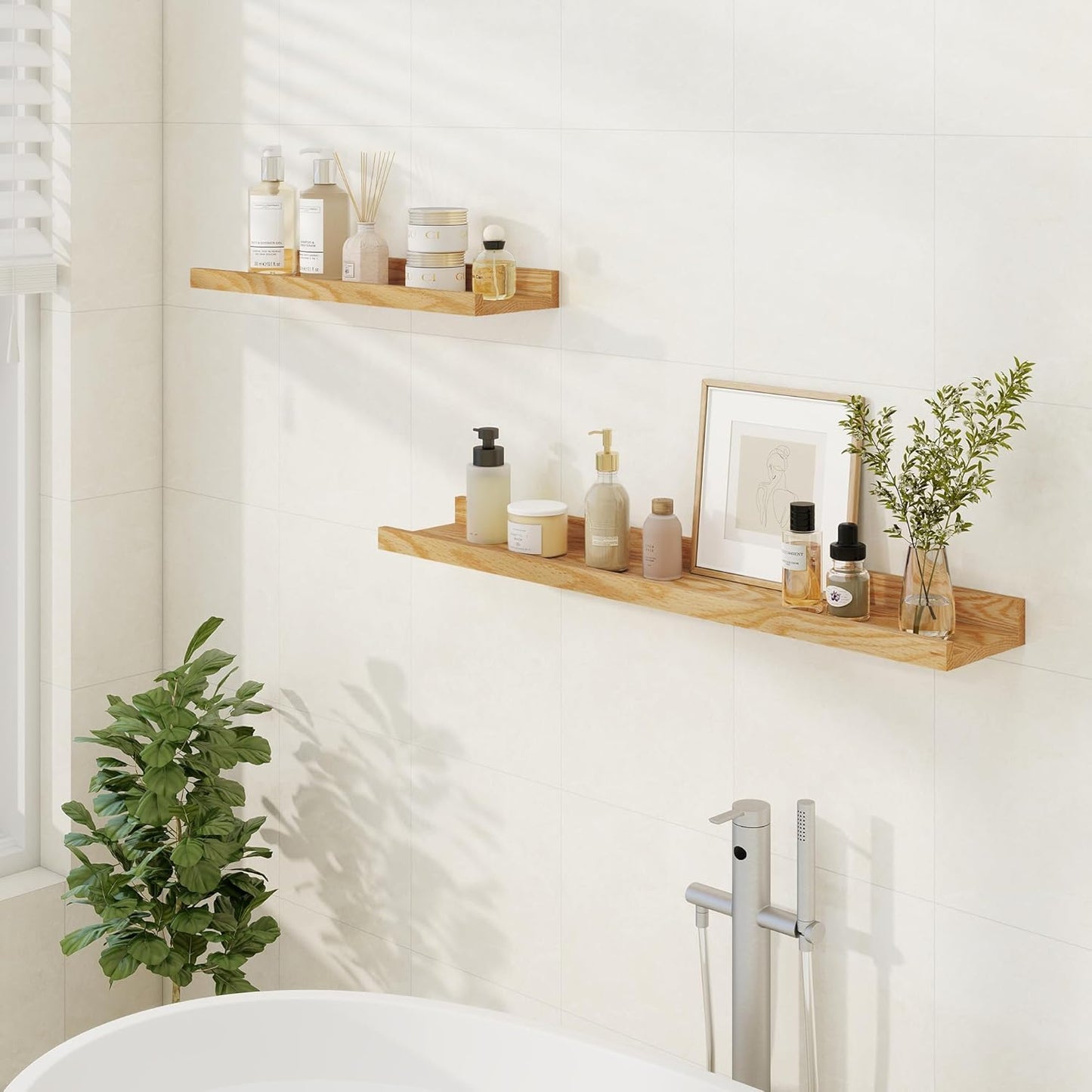 Floating Picture Ledge Shelves 36 Inch Solid Oak Wood Set of 2, Rustic Wall Storage Shelves with Lip, Kids Bookshelf, Photo & Picture Ledge Shelves for Bedroom, Living Room, Kitchen