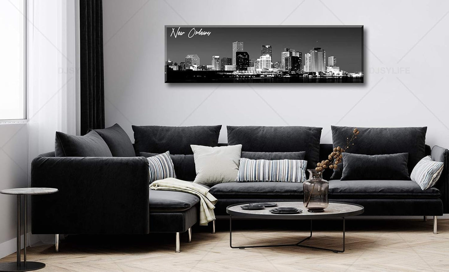 DJSYLIFE New Orlean Canvas Wall Art Decor City Skyline Pictures Poster Artwork Black and White Panorama Cityscape Painting for Bedroom Office Living Room Decoration Ready to Hang 13.8"X47.3"