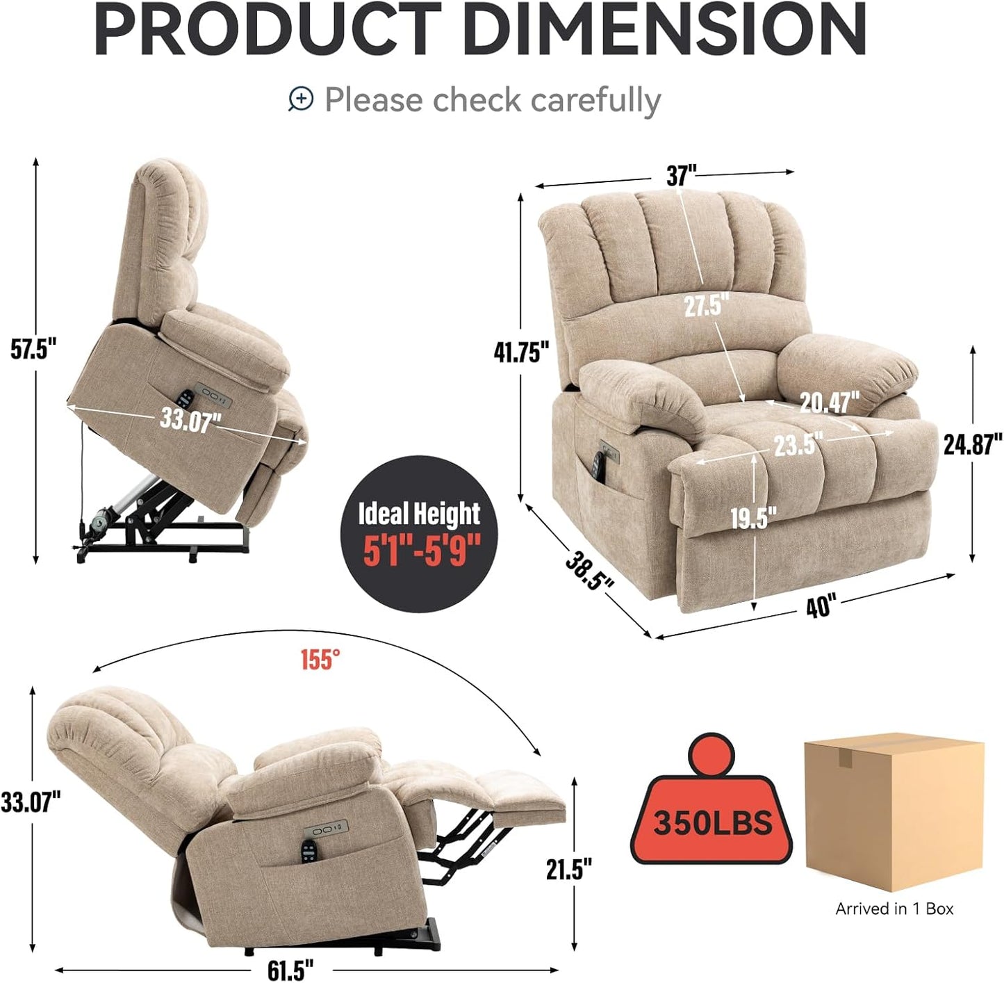 Large Power Lift Recliner Chair with Massage and Heat for Elderly, Ergonomic Backrest, Infinite Adjust, 2 Side Pockets,USB and Type-C Ports, Chenille Beige