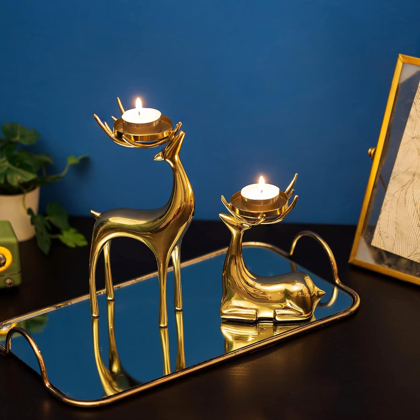 Sziqiqi Gold Reindeer Candle Holder for Pillar Candles Brass Reindeer Tealight Candle Holders Copper Deer Gift Christmas Decor for Table Centerpiece Living Room Mantle Decoration