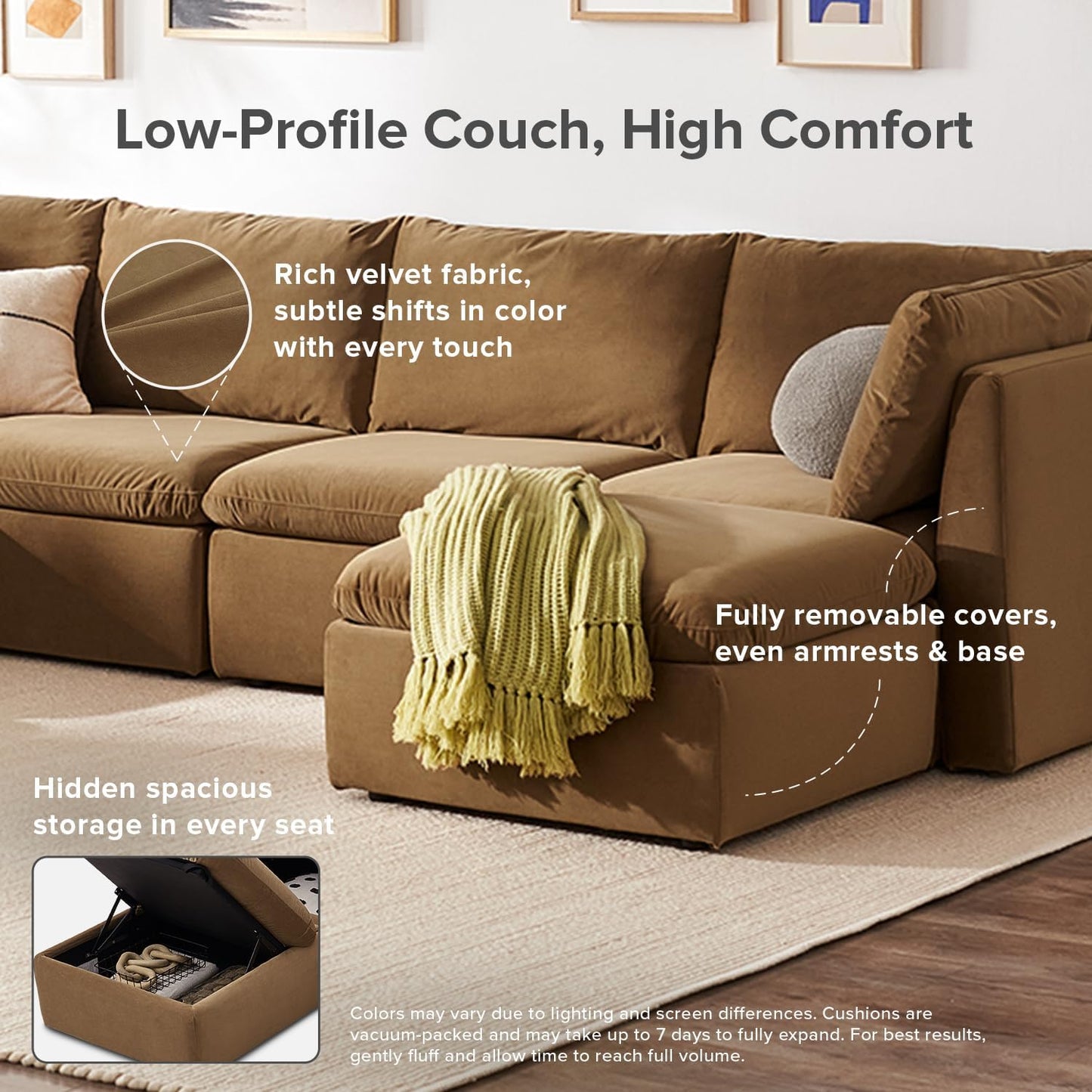 mopio Oversized Modular Sectional Sofa with Fully Removable Covers and Storage, Convertible U, L-Shaped and Sleeper Sectional, Modern Couches with Ottoman Chaise (Hazelnut Velvet, 3 Seater)