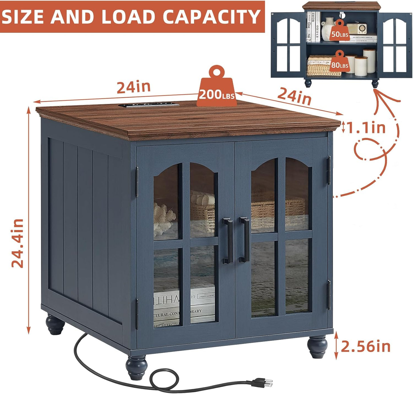 Farmhouse End Table with Charging Station,24" Large Sofa Side Table with Glass Barn Door,Rustic Wood Night Stand with Adjustable Storage Shelf,Square Bedside Table for Living Room,Bedroom Office