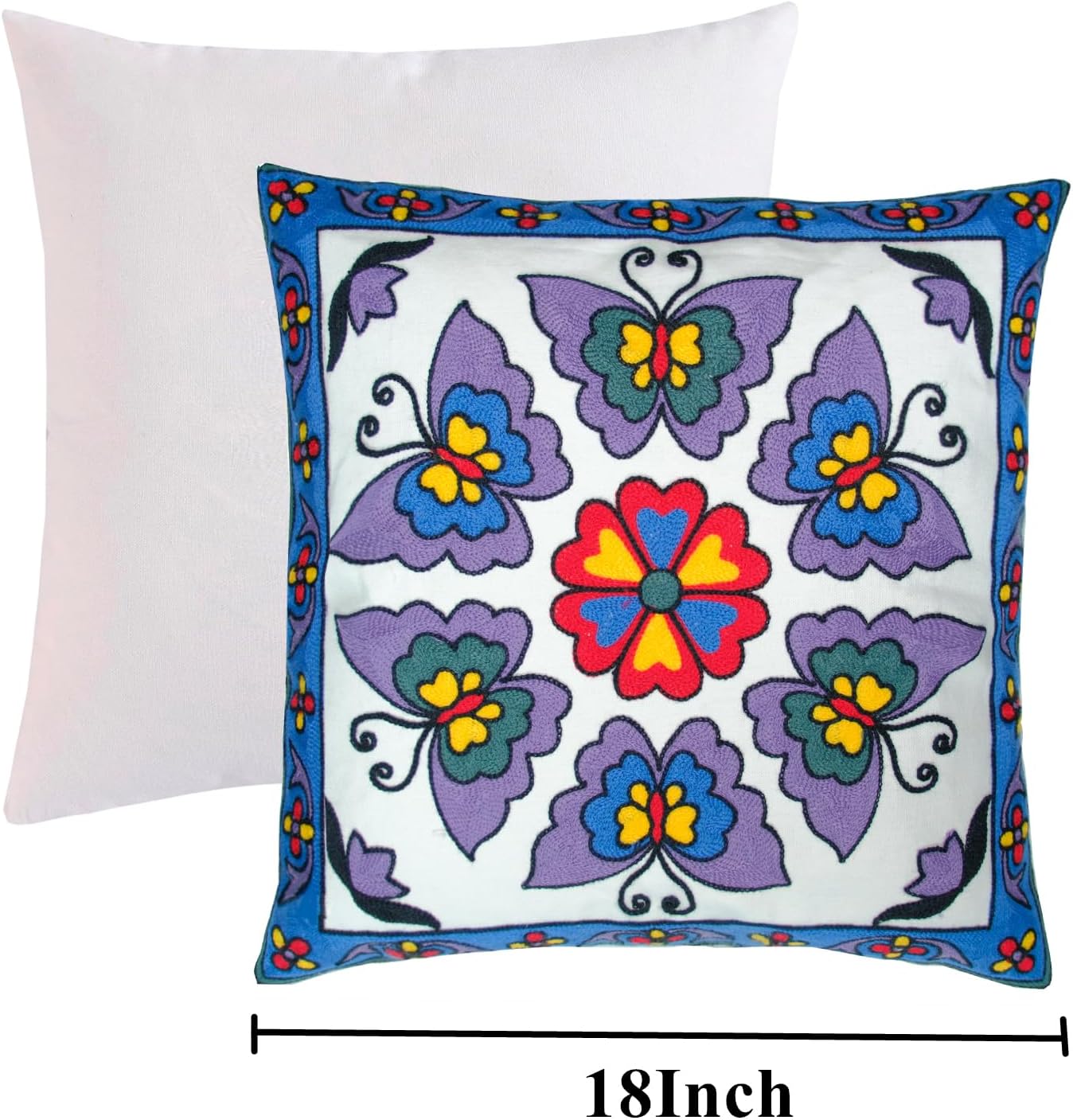 Embroidered Decorative Throw Pillow Cover, 18"x18" Set of 2, Farmhouse Pillowcase Purple Butterfly Knit Pattern Cotton Canvas Cushion Case Square Floral Pillow Case for Sofa Couch Bed Living Room
