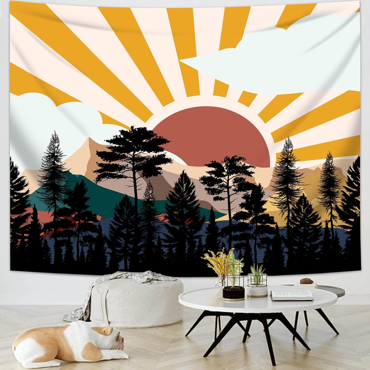 dueeia Boho Sun Tapestry Wall Hanging Abstract Mountain Tree Forest Sunset Sunrise Wall Tapestries for Mens Bedroom Living Room Wall Decor (90.6"x70.9")