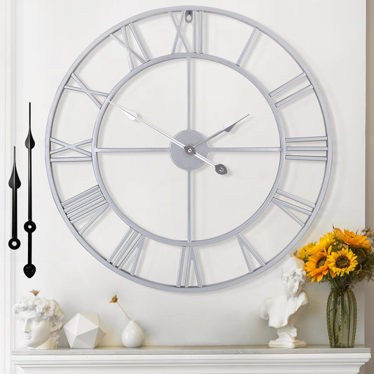 Large Wall Clock for Living Room Decor - 60cm/ 24 Inches Silent Non-Ticking Metal Wall Clocks Battery Operated, Vintage Decorative Modern Wall Clock for Bedroom, Office, Farmhouse Decor