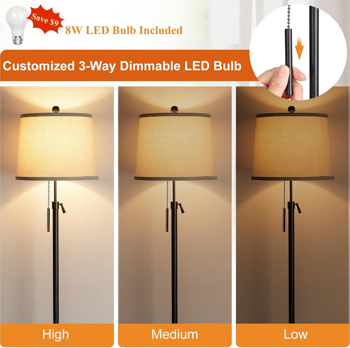 Floor Lamps for Living Room, Black Floor Lamp Adjustable Height Standing Lamp, Dimmable Modern Tall Floor Lamp for Bedroom Office with Beige Linen Shade, 8W 3000K Bulb Included