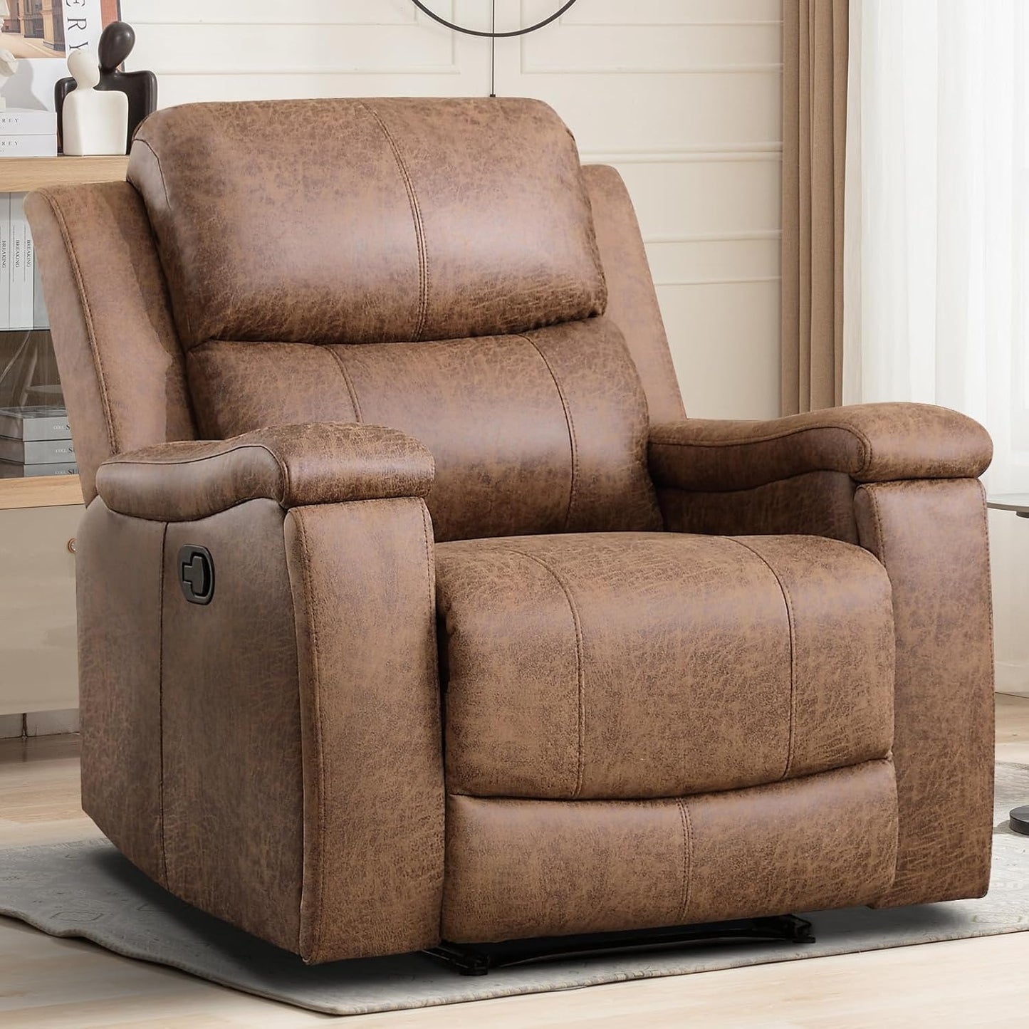 EBELLO Recliner Chair, Single Overstuffed Sofa Recliner, Breathable Faux Leather Manual Reclining Chairs with Hidden Cup Holder, Arm and Back for Adults, Living Room, Bedroom, Light Brown