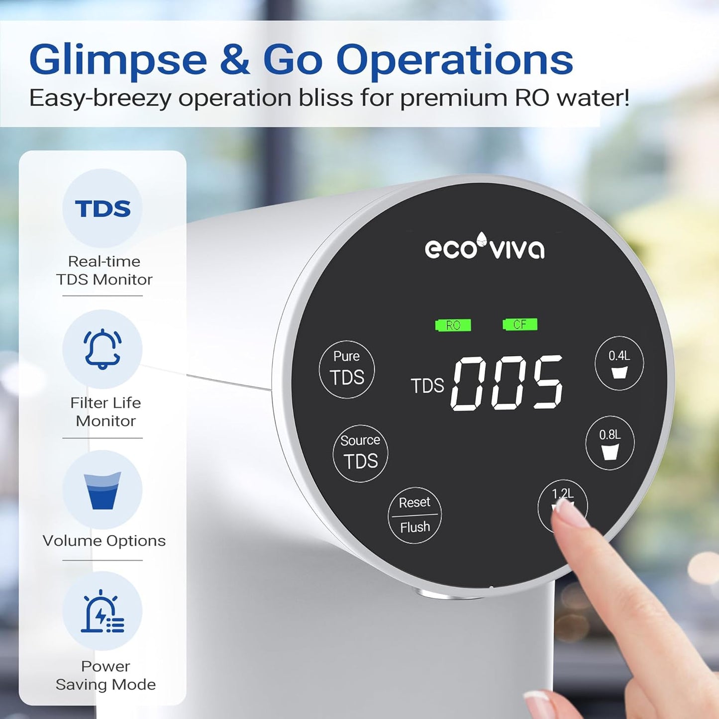 Ecoviva Countertop Reverse Osmosis Water Filtration System, Portable RO Water Filter Purifier with 5 Stage Filtration, 3:1 Pure to Drain, TDS Monitor, Faster Delivery Flow, Plug and Use - White