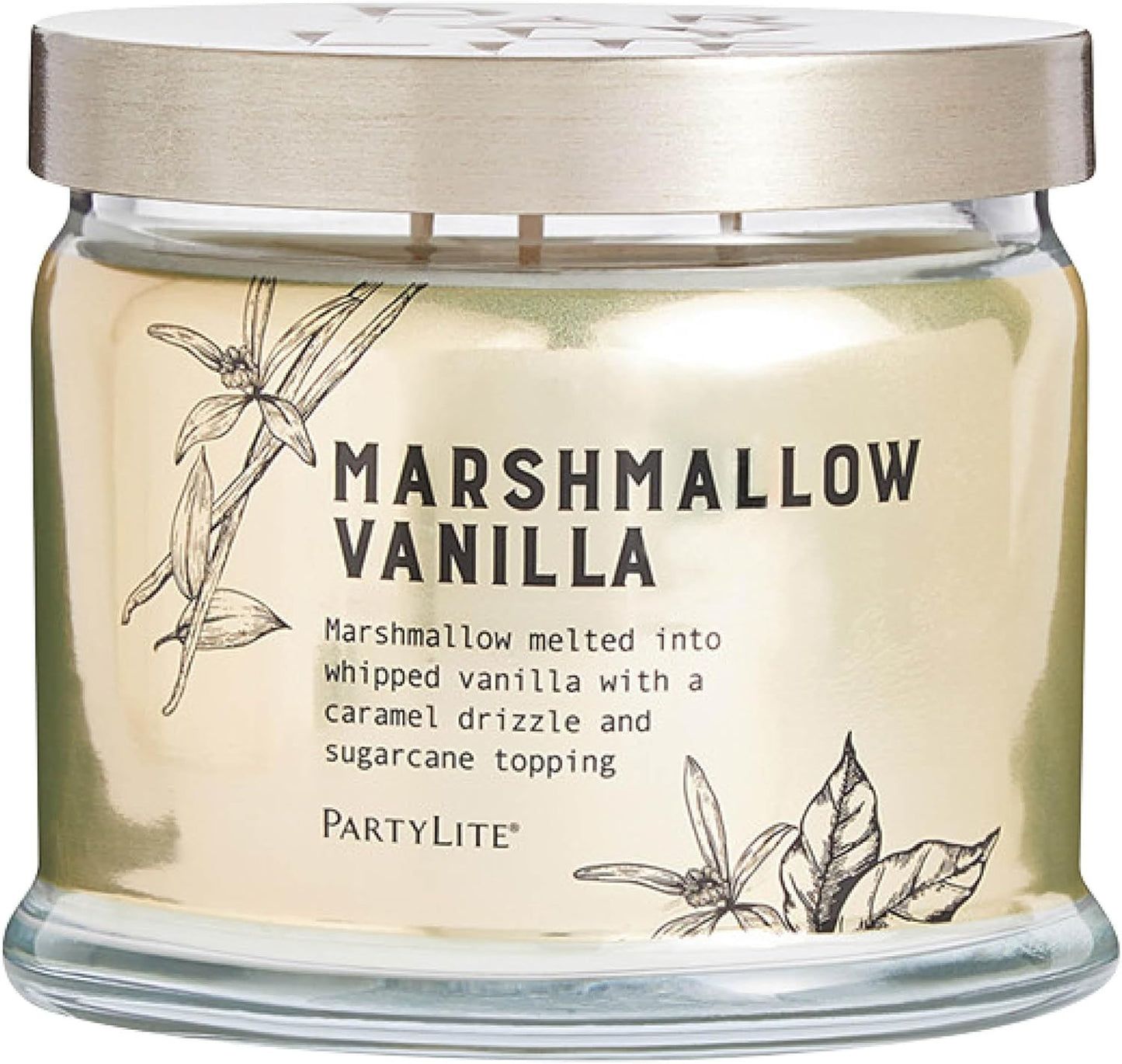 PartyLite Marshmallow Vanilla Scented with Caramel & Sugarcane Notes, 13.2oz 3-Wick Jar Candle, 45 Hour Burn Time, Luxurious Fragrance, Ideal for Gifting