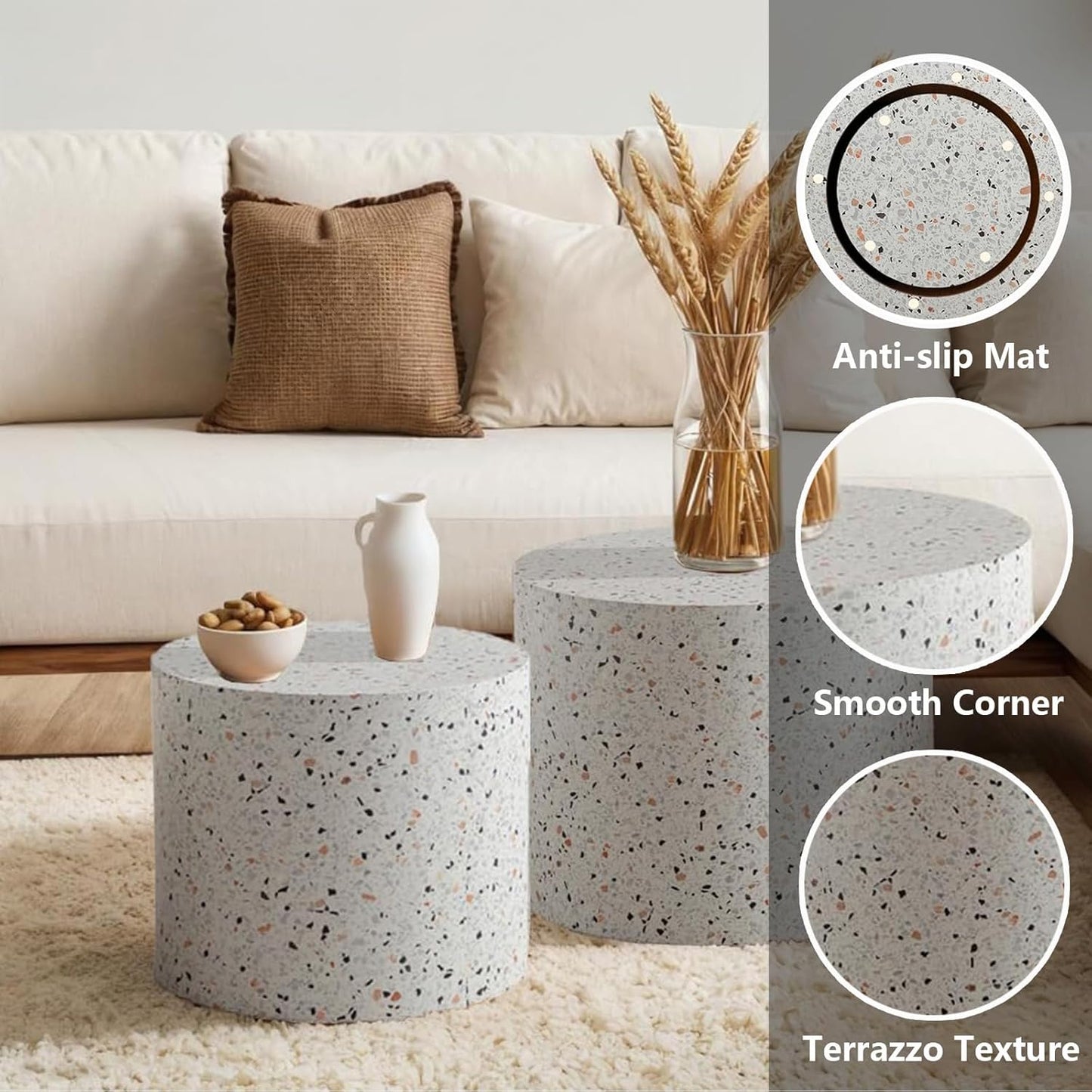 Round Nesting Coffee Table Set of 2 Modern Wooden Drum Coffee Table and End Table Sets Small Side Tables Circle Accent Center Tables for Living Room Apartment,No Assembly,Terrazzo