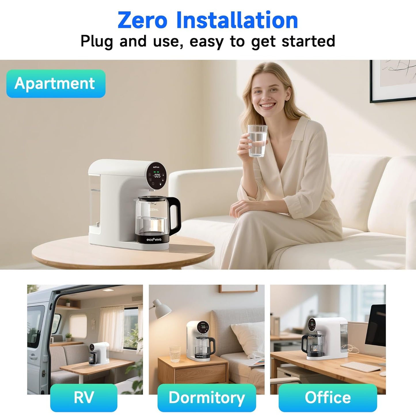 Ecoviva Countertop Reverse Osmosis Water Filter, 6 Stage RO Water Filtration System with Glass Carafe, TDS Displayr, 3:1 Pure to Drain, Portable No Installation Water Purifier White