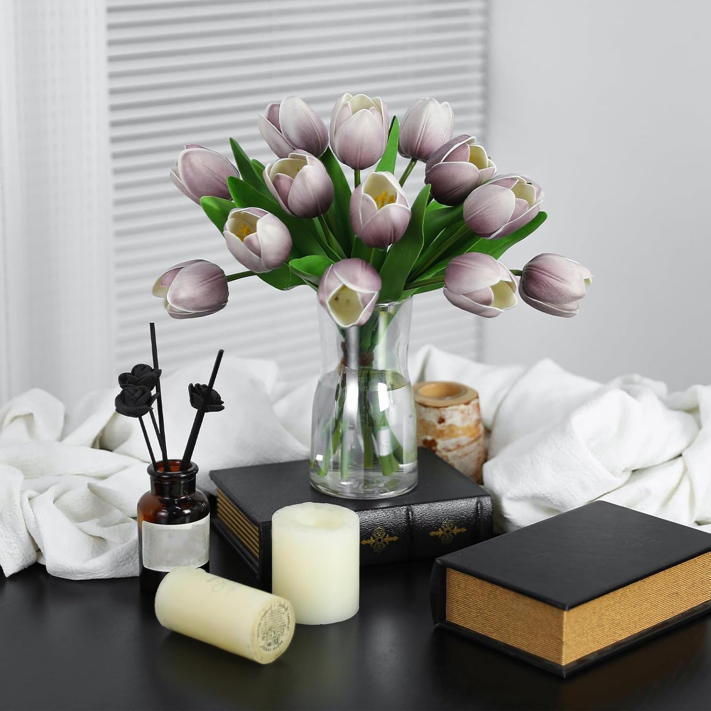 Light Purple Artificial Tulips, 2 Bundles 14Pcs, Fake Tulips Artificial Flowers, 2 x 2.4 Inch Large Flower Head Big Tulip, Easter Valentine's Day Mother's Day Home Decoration Flowers