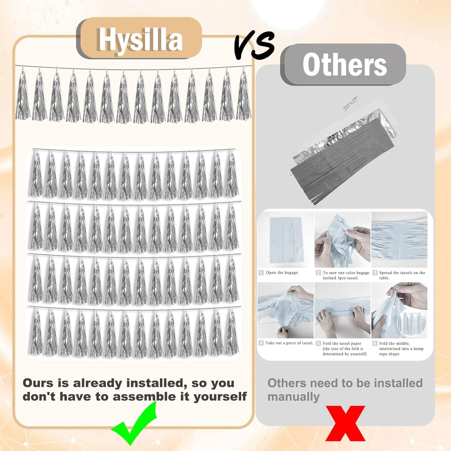 3P Silver Foil Fringe Metallic Tassel Streamers Banner Tassel Garland for Parade Floats, Bachelorette, Wedding, Birthday, Halloween, Christmas, Bridal/Baby Shower Party Decorations