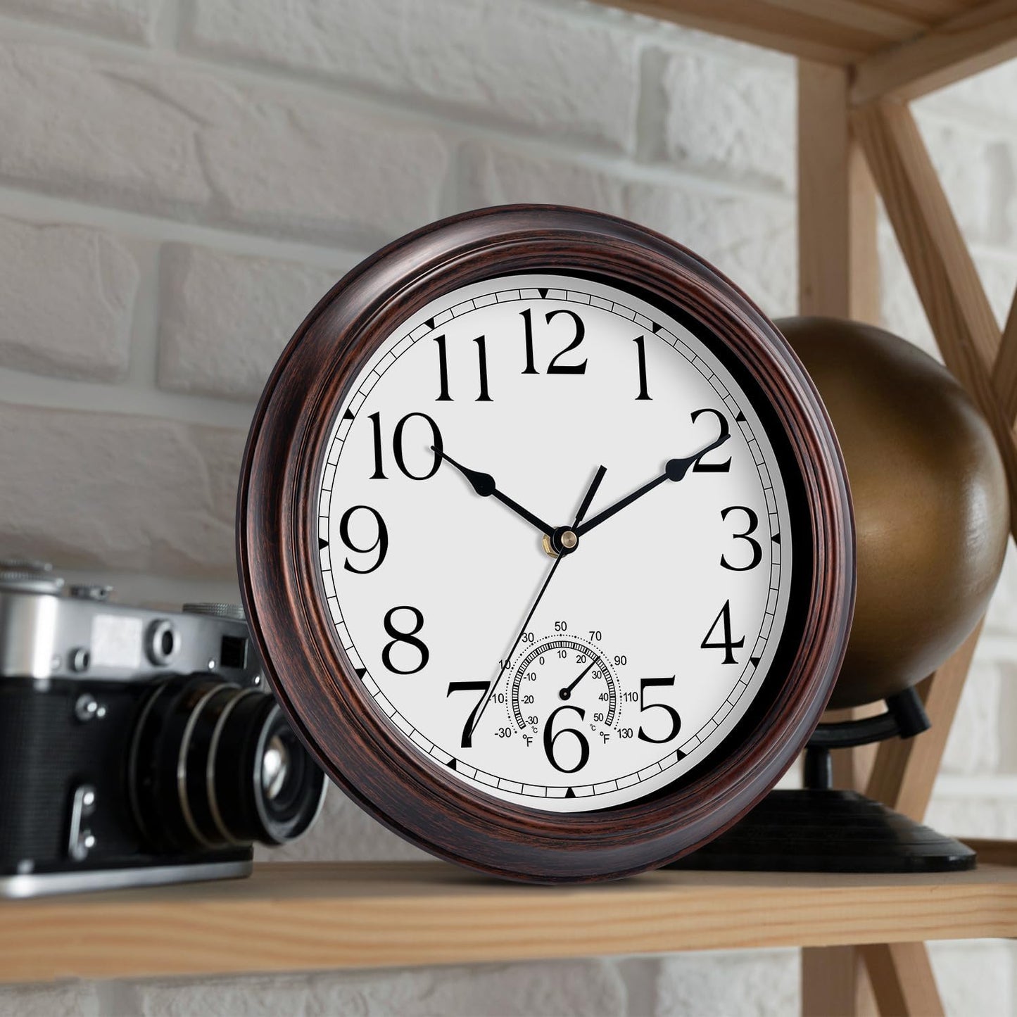 8.5 Inch Outdoor Wall Clock with Thermometers, Vintage Silent Wall Clocks Battery Operated, Retro Non-Ticking Clock Decorative for Living Room, Patio, Kitchen, Office, Bathroom, Bedroom(Bronze)