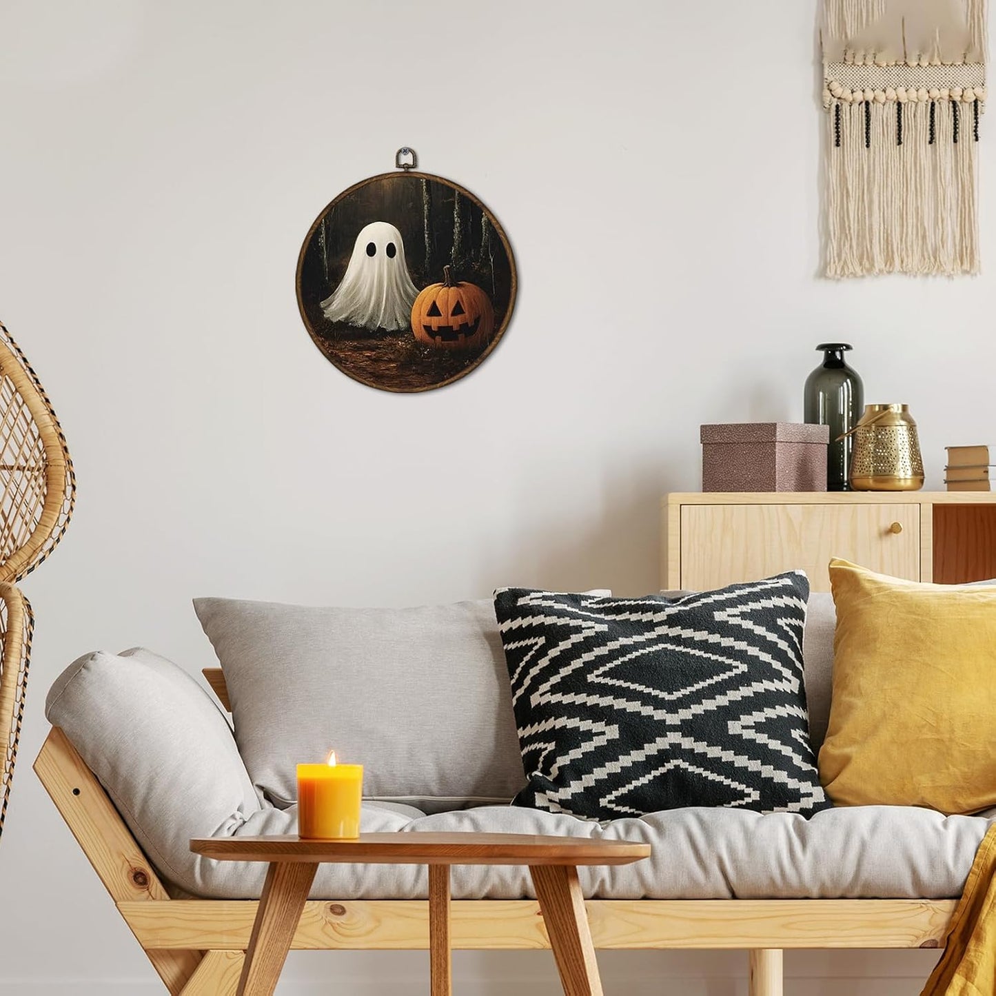 cvjutf Vintage Ghost Halloween Wall Art Framed, Ghost Bathroom Decor, Gothic Dark Academia Fall Round Wall Decor, Witchy Halloween Pumpkin Canvas Prints Art for Bedroom Bathroom Living Room, 10x10 In