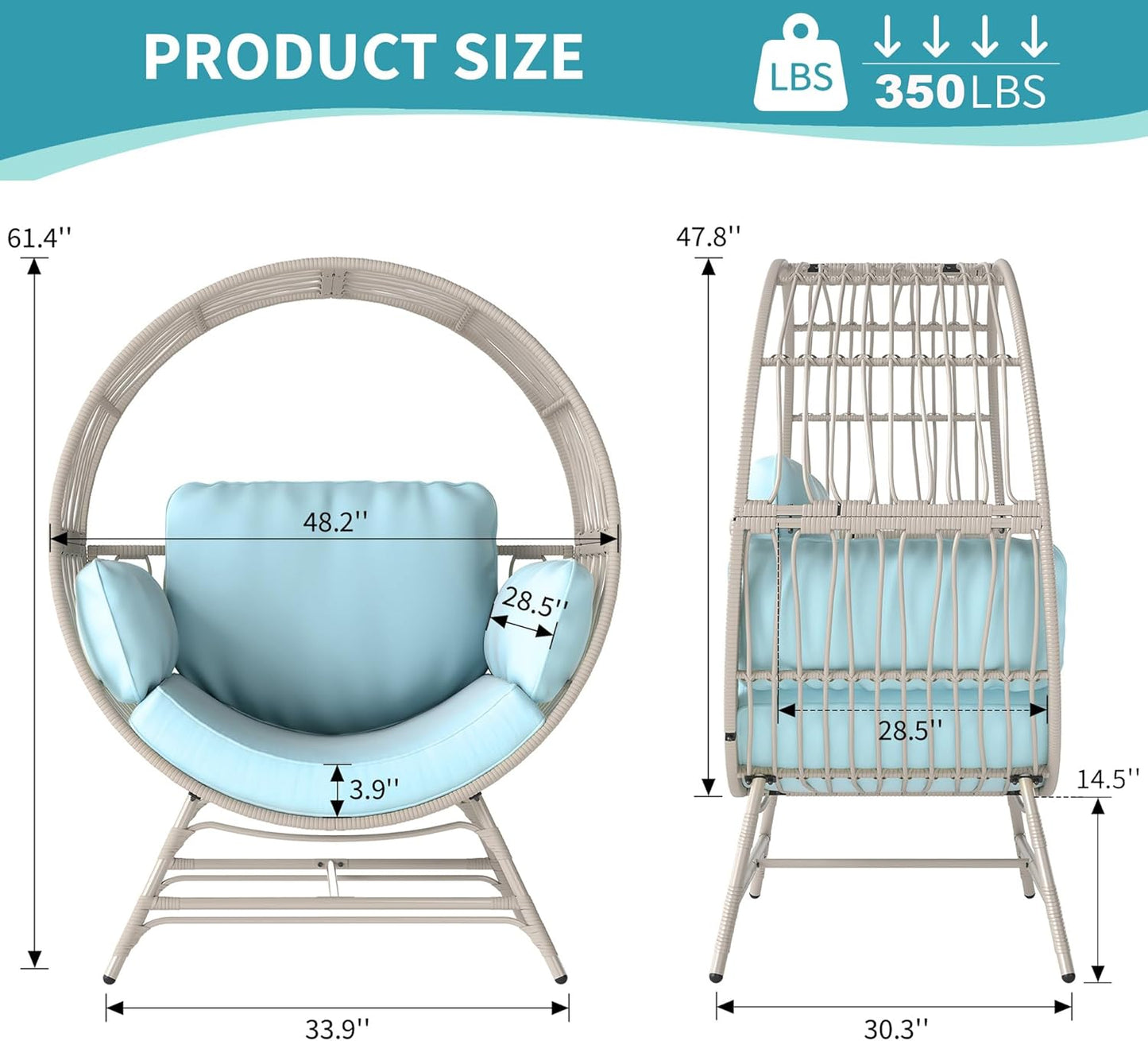 Egg Chair Outdoor Indoor, Oversized Rattan Chair with Thicken Cushion, 350LBS Capacity Wicker Patio Lounge Chair, Basket Chair for Living Room Balcony Porch Backyard, Blue