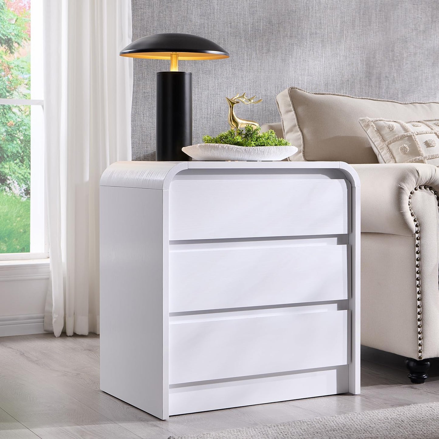 25" Tall Modern Nightstand Set of 2, 23.6" Wide Wood Bedside Table with Charging Station, 3 Storage Drawers Side Table w/Curved Profile Design, End Table for Bedroom, White