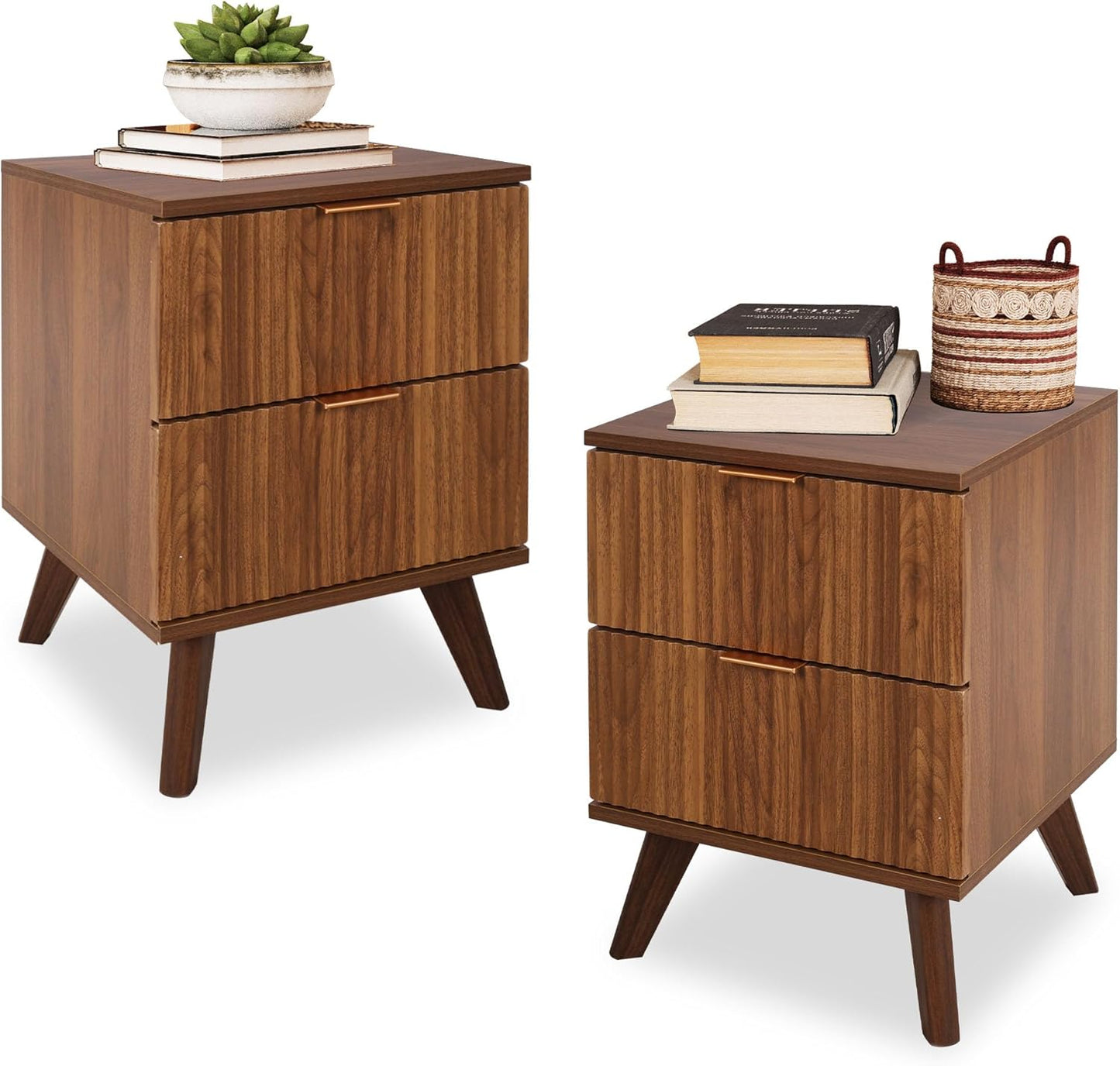 Fluted Nightstand Set of 2, Mid Century Modern 2 Drawer Dresser for Bedroom, Small Dresser Night Stand Side Table End Table with Wood Fluted Drawer Storage for Bedroom Closet(Walnut)